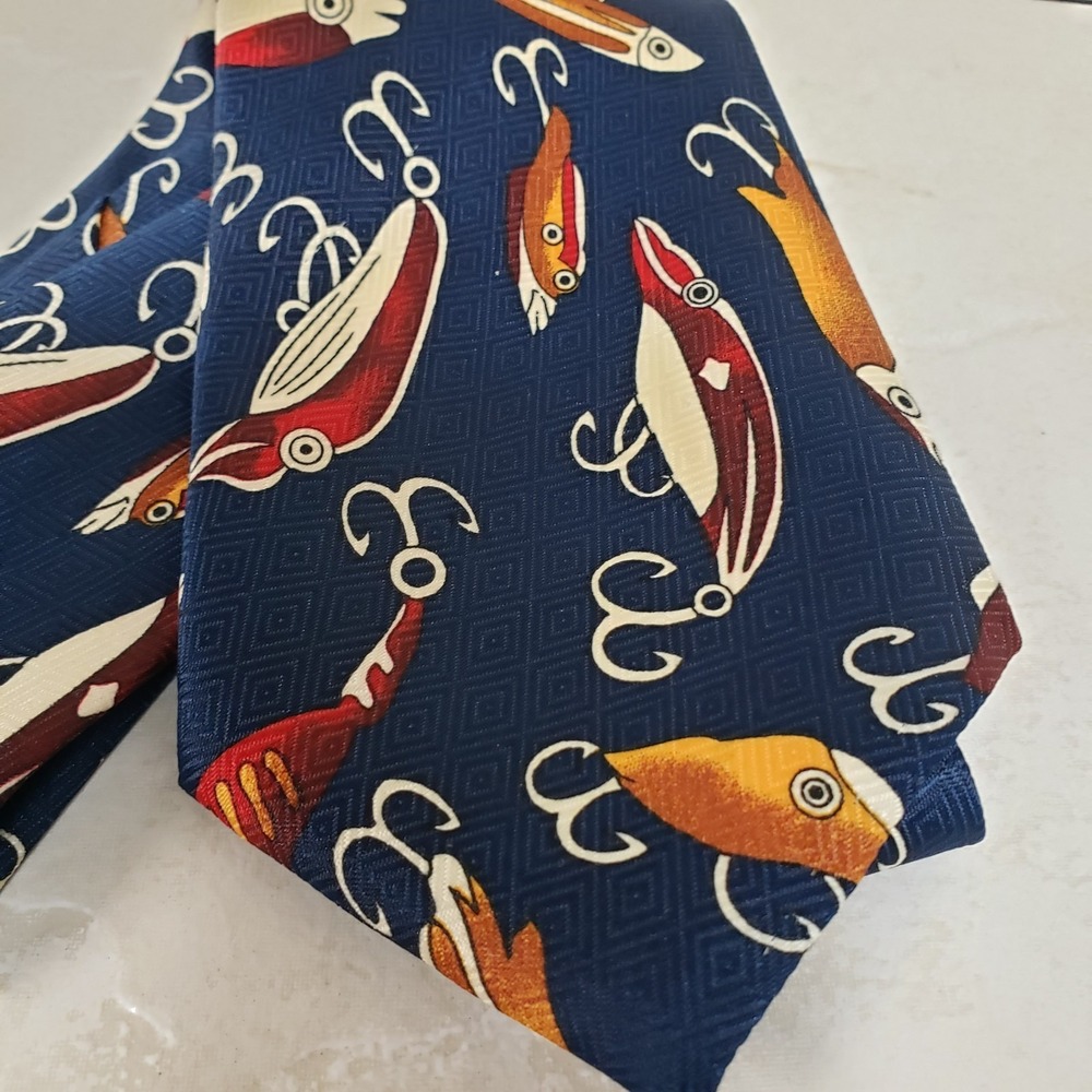 Vintage Everyday Tie Fly Fishing Lures Theme Men's Necktie Blue Brown Workwear